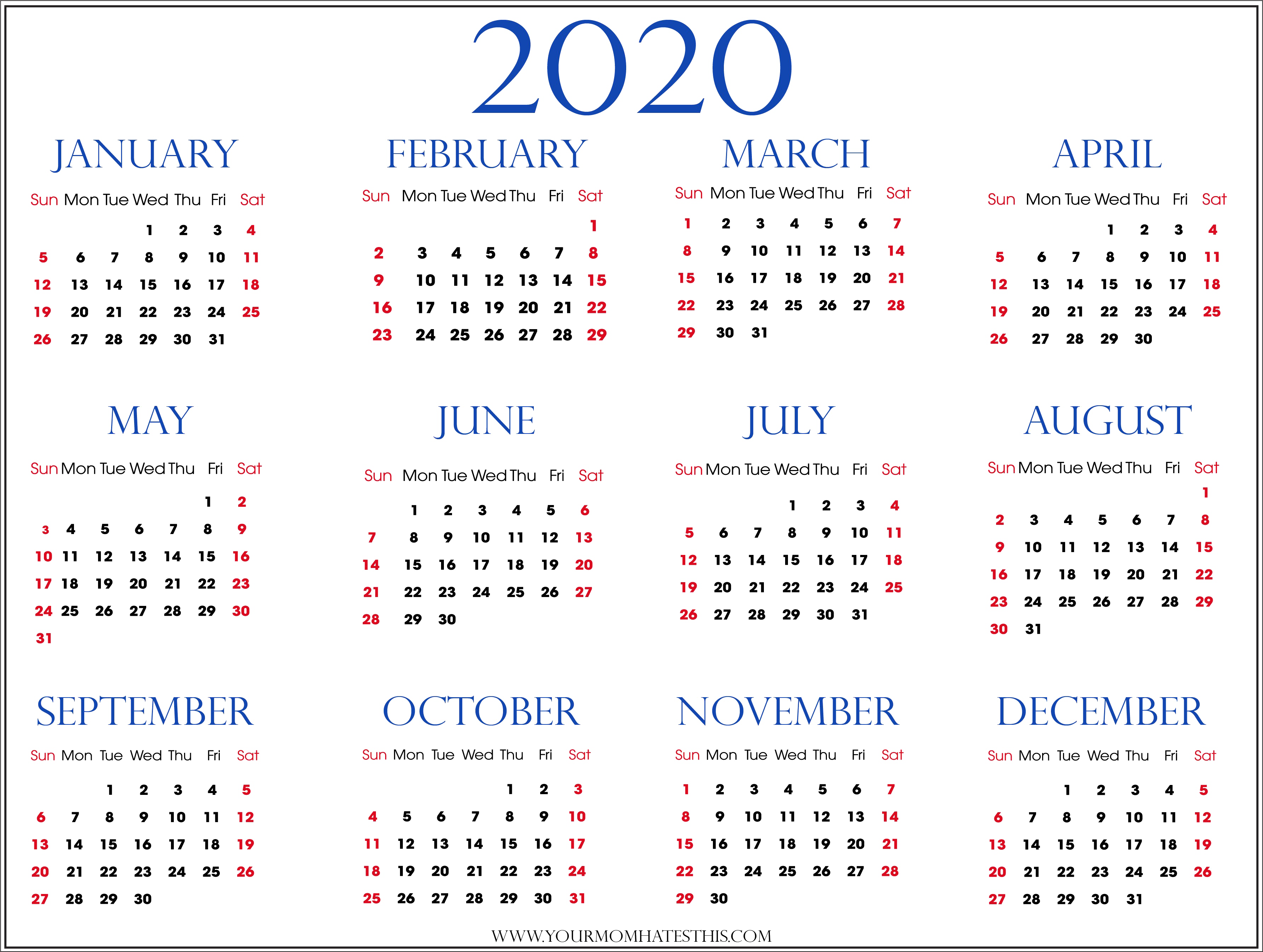 Dossier transparent de calendrier 2020
