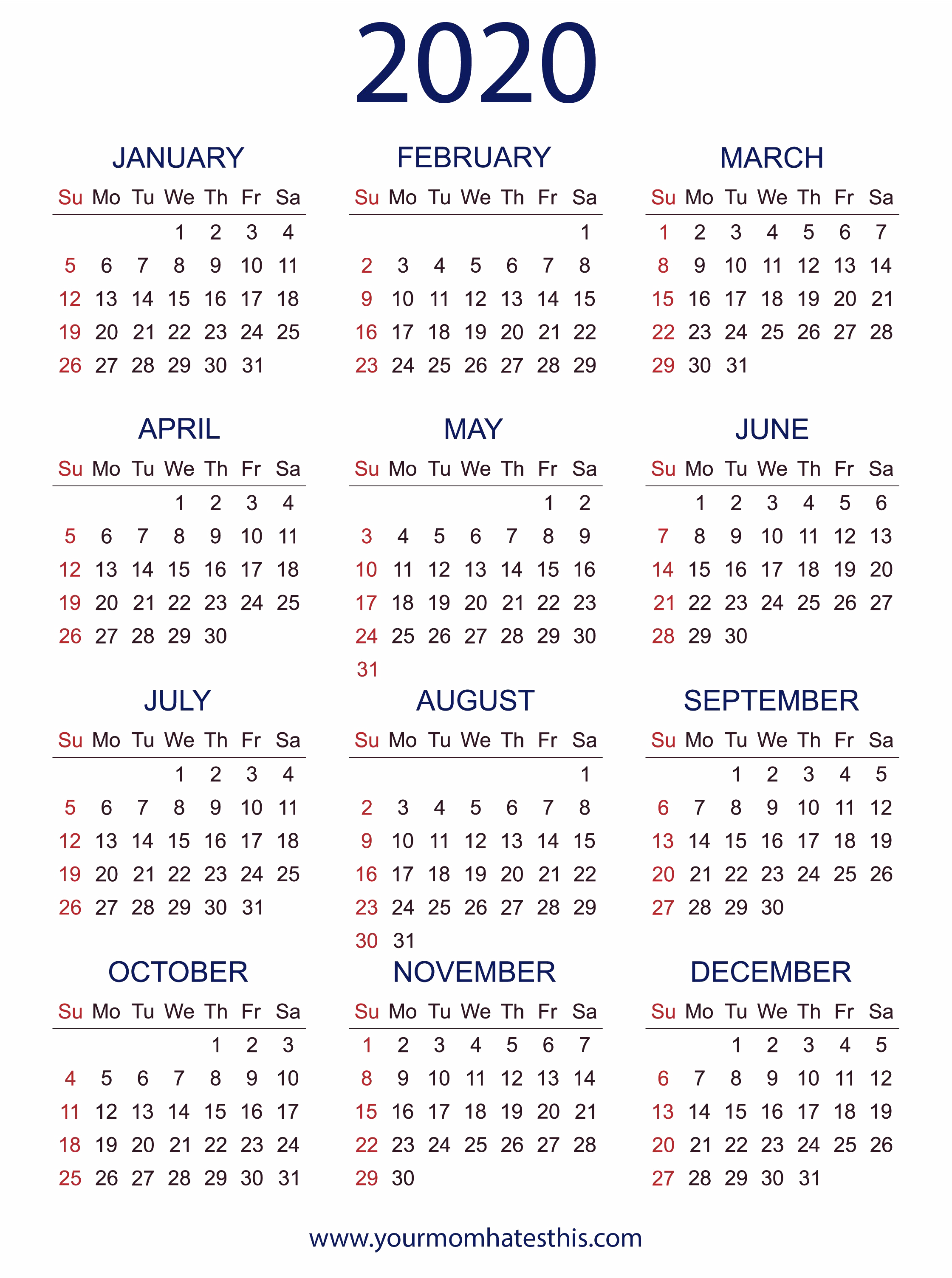 All Month 2020 Calendar PNG HD Quality
