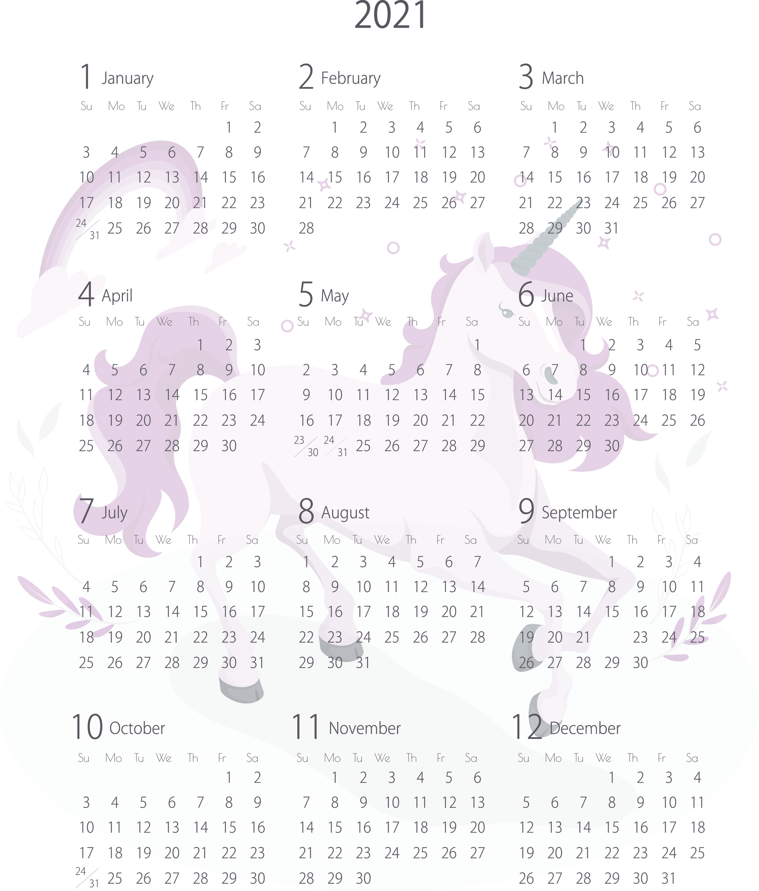 Magenta Unicorn Kids Calendar 2021 PNG