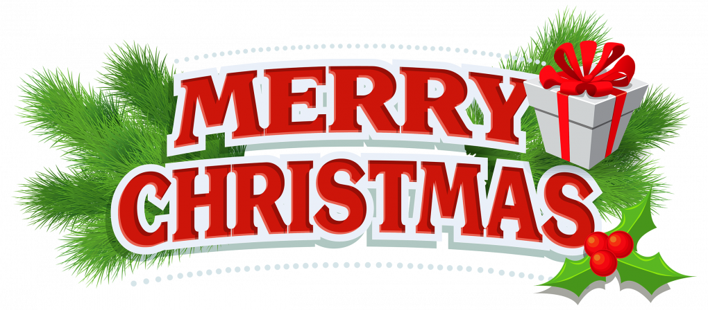 Merry Christmas Word Art Green Leaves PNG